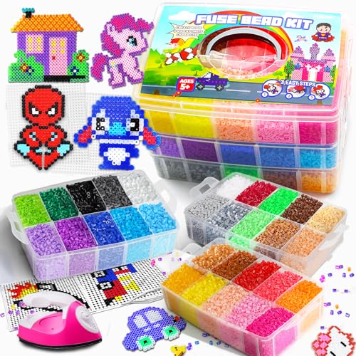 FUNZBO 30000 5mm Fuse Beads Kit with Mini Iron - 30 Colors | 60 Patterns, Arts and Crafts for Kids, Toys Set, Art Decorations for Room, Gifts for Girls and Boys Age 5+ - 30000 pcs