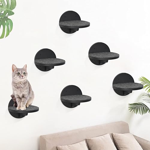 Y&ME YM 6-Packs Cat Climbing Shelves Wall Mounted, Cat Wall Steps Shelves, Cat Wall Shelves with Scratching Pad, Cat Wall Furniture for Cats Sleep Climb Play, Cat Shelves Cat Stairs Cat Ladder (Black) - Black-Set of 6