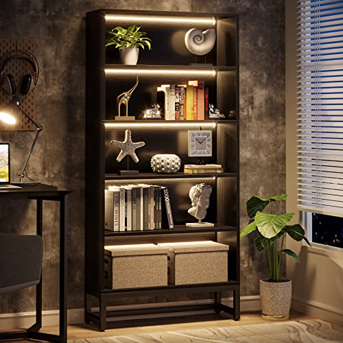 Tribesigns Tall Bookcase Black Bookshelf, 70.8” Large Bookcases Organizer with LED Lights, Heavy Duty Free-Standing Library Bookshelf with 5-Tier Storage Shelves for Living Room, Bedroom (Black) - Black
