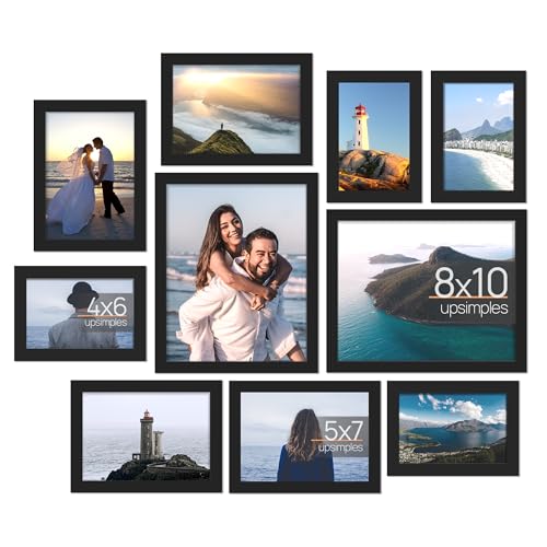 upsimples 10 Pack Picture Frames Collage Wall Decor, Gallery Wall Frame Set for Wall Mounting or Tabletop Display, Multi Sizes Including 8x10, 5x7, 4x6 Family Photo Frames, Black - Black
