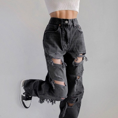 'Ruins' Washed Black/Grey Ripped Baggy Denim Pants - as picture / L