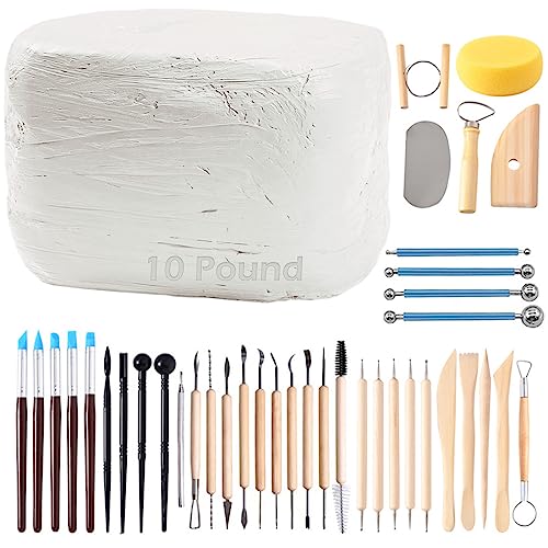 ReArt Natural Air-Dry Clay, Baking Clay, Low Fire Pottery Clay10LBs with 40 Pcs Pottery Tools Clay Sculpting Tool Set, All-Purpose Modeling Clay (White) - White