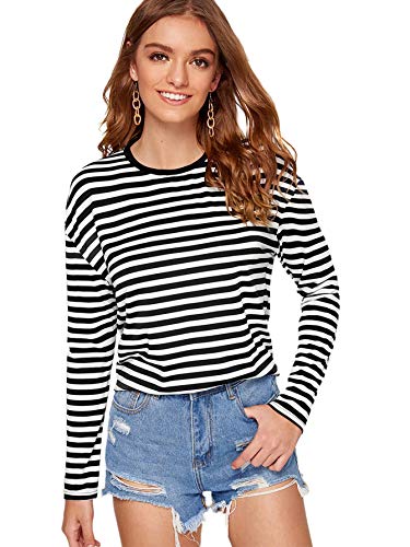 SweatyRocks Women's Casual Striped Tee Shirt Long Sleeve Round Neck Top - Medium Black Stripe White