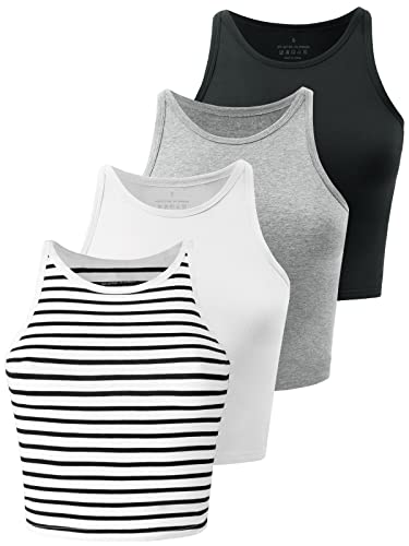 Kole Meego Crop Tops for Women Workout Cropped Tank Top High Neck Camisole Yoga Shirts Athletic Undershirts 4 Pack - Large - Black/White/Grey/Striped