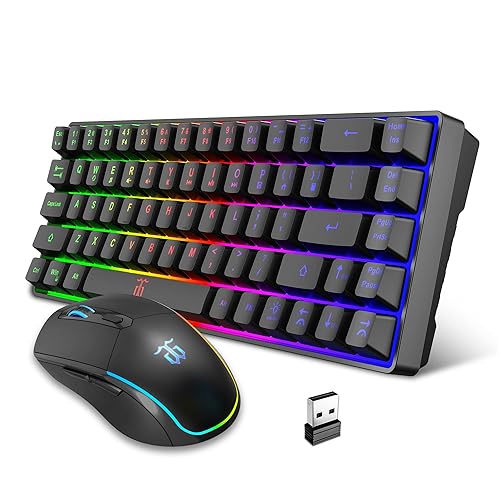 Snpurdiri 60% Wireless Gaming Keyboard and Mouse Combo,LED Backlit Rechargeable 2000mAh Battery,Small Membrane But Mechanical Keyboard + Popular RGB Mice for Gaming,Business Office - Black Combo