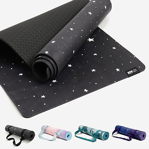 POPFLEX Vegan Suede Yoga Mat With Strap Included - Ultra Absorbent Exercise Mat - Non Slip Yoga Mat - Large Yoga Mat for Women - Wide Yoga Mat, Thick Texture for Stylish Support - Starry Night