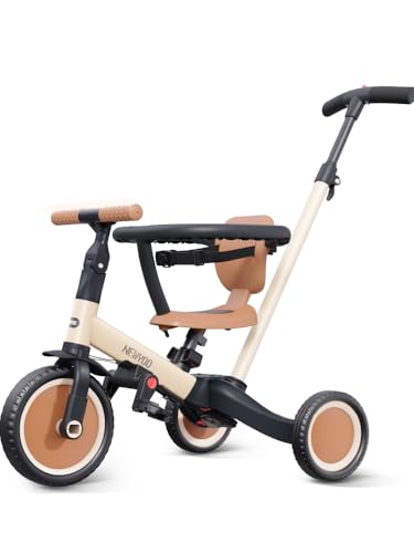 newyoo TR008 5 in 1 Toddler Tricycle with Push Handle for 1-3 Year Old Boys and Girls, Kids Push Trike with Safe Bar, Toddler Bike, Convert to Balance Bike, Birthday Gifts & Toys for Baby, Cream - Cream