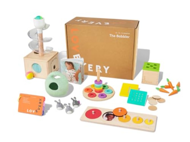 Lovevery | The Babbler Play Kit, Birthday Play Kit, Montessori Toddler Toy, 8 Play Products, 1 Board Book, and Play Guide (Best Birthday Gift for 1 Year Old) - The Babbler Play Kit