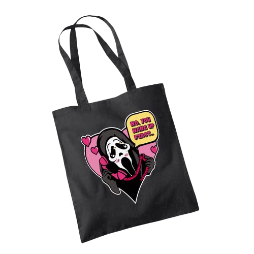 No You Hang Up First Tote Bag Cotton Shopper Funny Slasher Thriller Horror Woodsboro High School Ghostface Ghost Mask 90's Movie Cinema Film Gift Present - Black