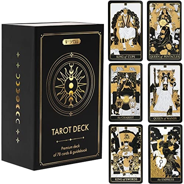 Wyspell Classic Tarot Cards with Guide Book - 78 Gold Tarot Cards for Beginners Tarot Cards Set - Black Tarot Decks with Guidebook - Original Tarot Cards Deck - Tarot Deck with Guidebook