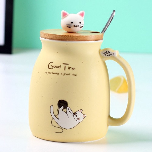 Adorable Cat Cartoon Ceramic Coffee Mug - Yellow