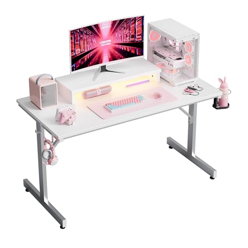 Bestier Kleiner Gaming-Schreibtisch 106,6 cm LED Computerschreibtisch mit Monitorständer, Gamer-Arbeitsstation mit Becherhalter & Headset-Haken für Home-Office, Schlafzimmer, kleine Räum - 3d Weiß Kohlefaser