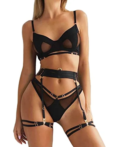 Dessous Damen Sexy Unterwäsche für Frau Strapsen Dessous-Set Reizwäsche für Damen Outfit mit Strapsgürtel mit Strumpfband mit BH und Slip