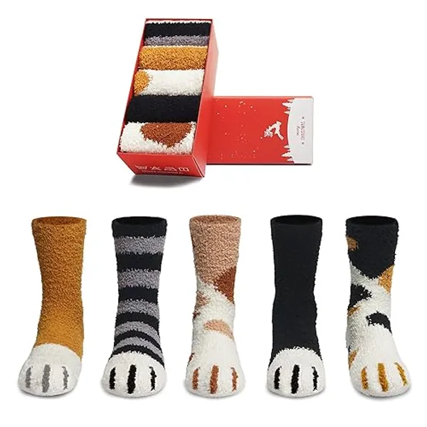SISOSOCK Fuzzy Socks for Women Cute Cat Paw Socks Women Winter Fluffy Cozy Slipper Socks With Gift Box for Women Girls - 5 - Multicolor-5