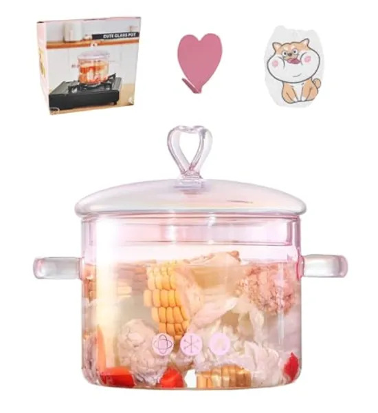 1.5L/51oz Pink Glass Pots for Cooking on Stove, Glass Pot, Simmer Pot, Glass Cooking Pot, Glass Saucepan, Heat Resistant, Simmer Potpourri, Cooking Pasta Soup Vegetable Salad