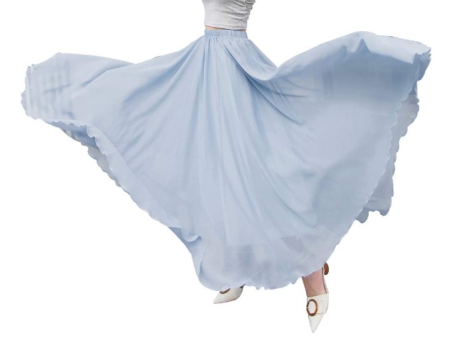 BiilyLi Women's Elegant Boho Chiffon Long Skirts Summer Casual Flowy High Waist Maxi Skirt Elastic Waist Pleated Skirt - Medium - Gray-blue