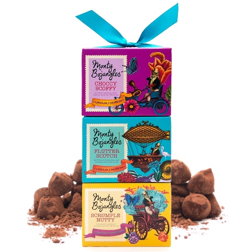 Monty Bojangles Cocoa Dusted Truffles Gift Tower | 3 Gift Boxes - Choccy Scoffy, Scrumple Nutty, Flutter Scotch | Cocoa Dusted Chocolate Truffles, 300g (3 x 100g Pack)