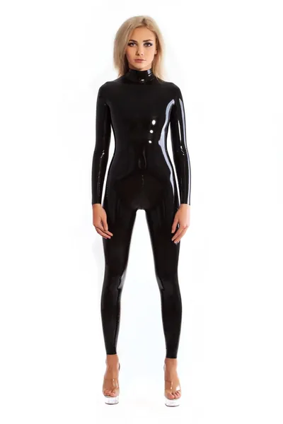 Neck entry latex catsuit with double slider crotch zipper