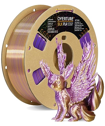 OVERTURE Silk PLA Two-Tone Filament 1.75 mm for 3D Printers, 1 kg Spool (2.2 lbs), Dimensional Accuracy +/- 0.03 mm 3D Printer Filament (Silk Purple/Gold) - Silk Purple-Gold