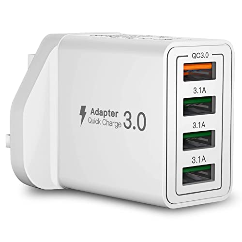 USB Plug Charger, 4-Port USB Fast Charger Plug with 33W Intelligent Quick Charge 3.0 Wall Charger, Multi USB Power Adapter UK Fast Charging for iPhone 15 14 13 Pro Max X 8 7 6,Samsung S21 S20 S10 S9 - White