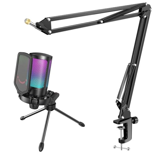 FIFINE Gaming USB Microphone Bundle with Mic Boom Arm, Condenser Mic with Quick Mute, RGB Light for Streaming, Suspension Scissor Mic Arm Stand Kit for Recording Voice-Over Studio (A6V+CS1)