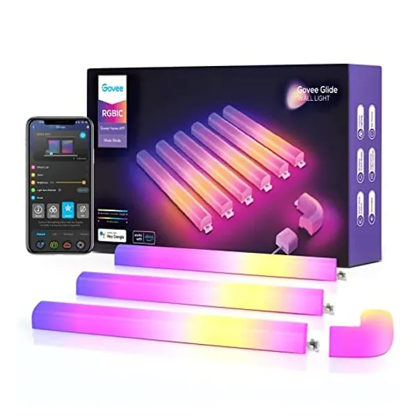 
                            Govee Glide RGBIC Smart Wall Light, Multicolor Customizable, Music Sync Home Decor LED Light Bar for Gaming and Streaming, with 40+ Dynamic Scenes, Alexa and Google Assistant, 6 Pcs and 1 Corner
                        