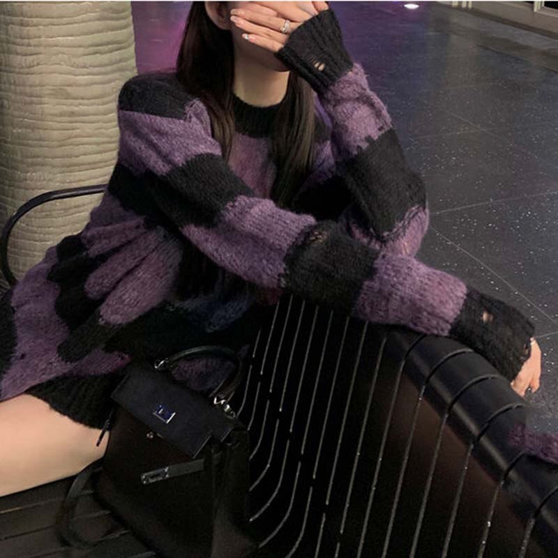 'Decay' Black and Purple Grunge Striped Goth Sweater - Purple / S