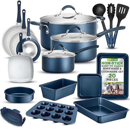 NutriChef Metallic Nonstick Ceramic Cooking Kitchen Cookware Pots and Pan Set with Lids, Utensils, and Cool Touch Handle Grips, 20 Piece Set, Blue - Navy