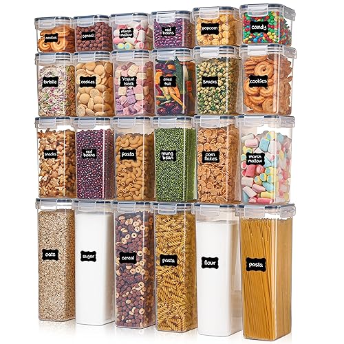 Airtight Food Storage Containers with Lids, Vtopmart 24 pcs Plastic Kitchen and Pantry Organization Canisters for Cereal, Dry Food, Flour and Sugar, BPA Free, Includes 24 Labels，Black - Black