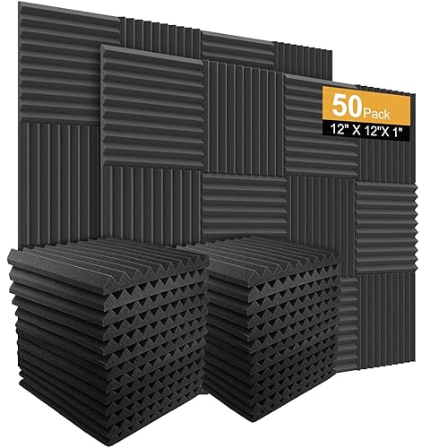 Burdurry 50 Pack Acoustic Panels Soundproof Studio Foam for Walls Sound Absorbing Panels Sound Insulation Wedge for Studio, 1" X 12" X 12" (Black) - 50Pack Black