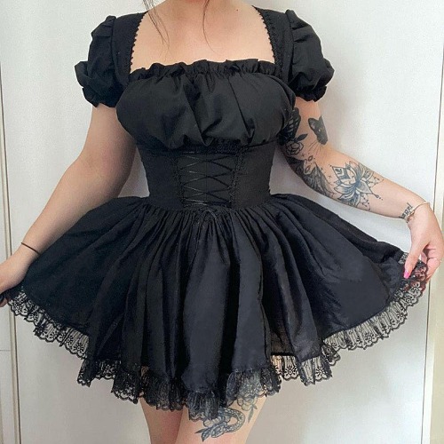 Goth Kawaii Black Lace Short Gothic Corset Prom Dress - Color 0 / L