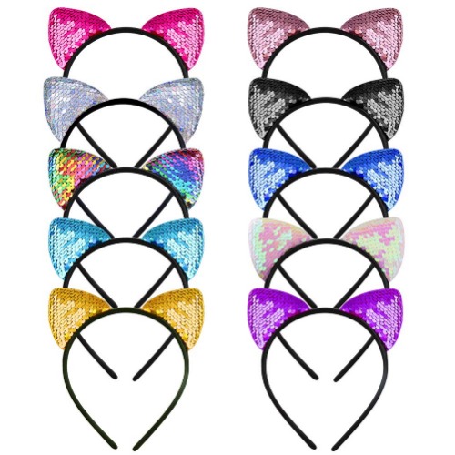 WXJ13 10 Pieces Cat Ears Headbands Reversible Sequins Headbands Hair Accessories for Girls and Women - 