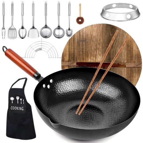 kaqinu Carbon Steel Wok Pan, 14 Piece Woks & Stir-Fry Pans Set with Wooden Lid & Cookwares, No Chemical Coated Flat Bottom Chinese Woks Pan for Induction, Electric, Gas, Halogen All Stoves - 12.6'' - 