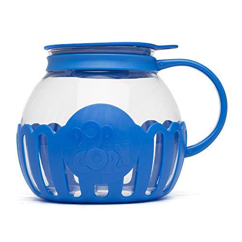 Ecolution Patented Micro-Pop Microwave Popcorn Popper with Temperature Safe Glass, 3-in-1 Lid Measures Kernels and Melts Butter, Made Without BPA, Dishwasher Safe, 3-Quart, Blue - 3-Quart Family Size - Blue