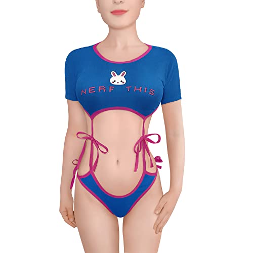 LittleForBig Women Cotton Camisole and Panties Sports Lace Up Loungewear Bralette Set - Bunnywatch Egirl Bodysuit - S - Blue