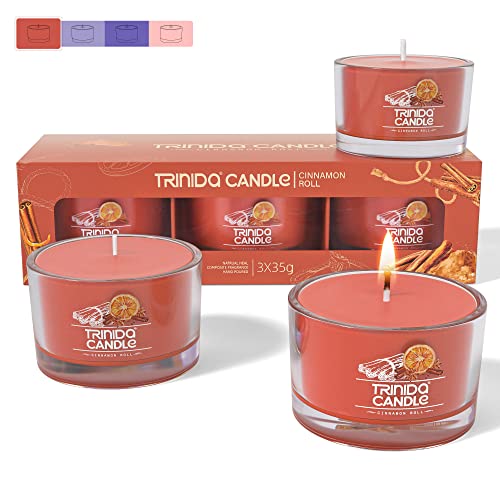 TRINIDa Candles Gifts for Women with 12 Variants, Cinnamon Apple Roll Hygge Scented Candles Gift Set, 3 Orange Filled Votives (Grandma Kitchen Collection) - Orange - Cinnamon Roll