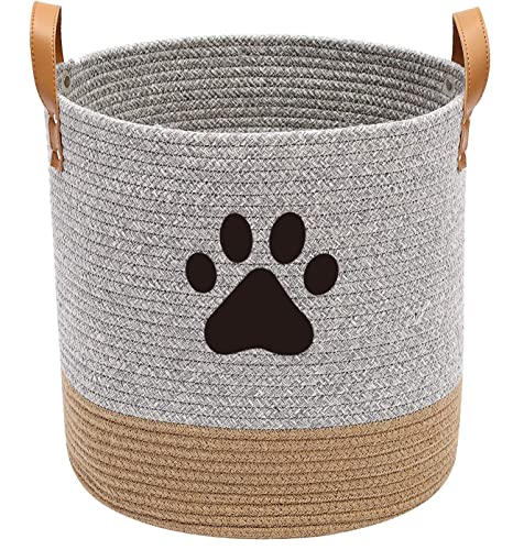 Xbopetda Round Cotton Rope Storage Basket, Dog Toys Storage Bins with Leather Handle, Laundry Basket Toy Storage Organizer (Grey/Khaki） - Grey/Khaki