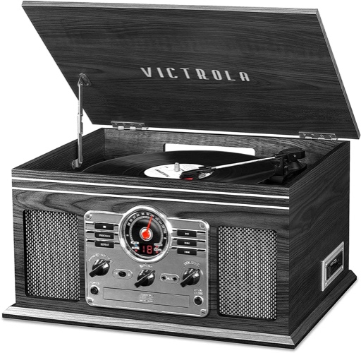 Victrola Nostalgic 6-in-1 Bluetooth Record Player & Multimedia Center with Built-in Speakers - 3-Speed Turntable, CD & Cassette Player, AM/FM Radio | Wireless Music Streaming | Grey | wood - Grey Entertainment Center