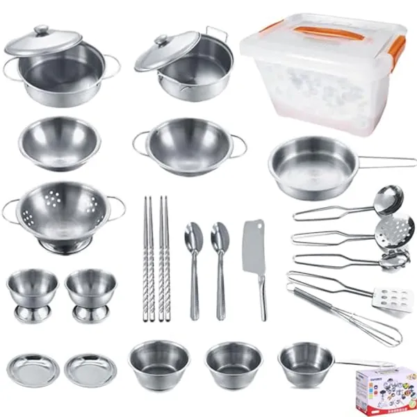 Stainless Steel Kitchen Toys Cooking Utensils Set-Pretend Play Pots Pans Toy Cookware Kits for Kids Cooking Utensil Set ,Role Play Educational Toys for Toddlers【Packed in Color Paper Box Packaging】
