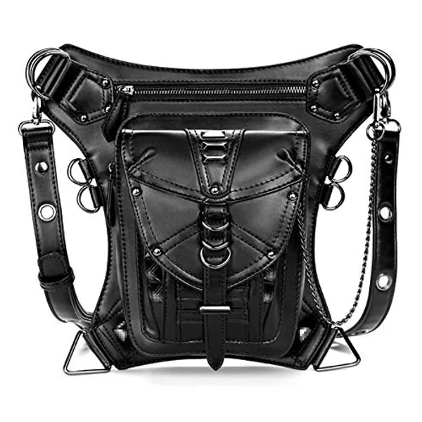 Women Men PU Leather Waist Drop Leg Bag Punk Big Bike Cycling Hiking Fanny Pack Waterproof Unisex Hip Thigh Pouch Rivet Shoulder Bag Purse Black