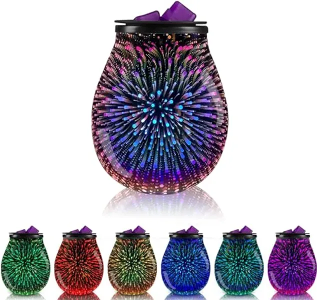 Leyoue 3D Glass Fireworks Electric Wax Melt Warmer with PTC Heating Plate 7 Colors LED Changing Light Wax Burner Melter Fragrance Warmer for Home (3D)