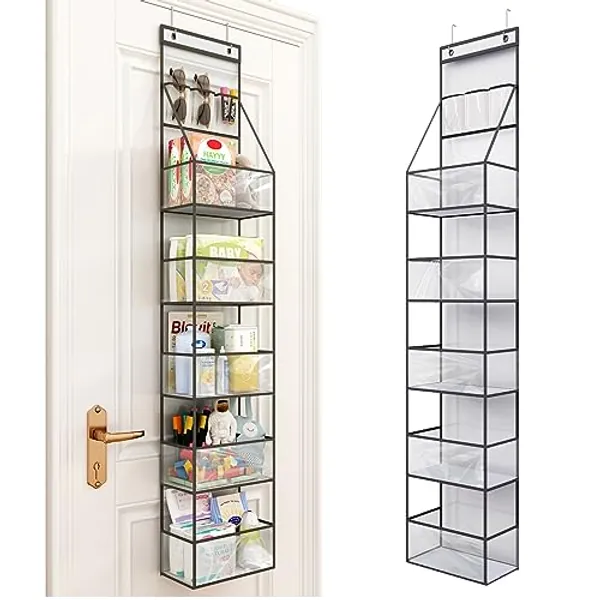Fixwal 6-Shelf Over The Door Hanging Pantry Organizer Hanging Storage with Clear Plastic Pockets Behind The Door Storage Organizer with 3 Small PVC Pockets for Closet Bedroom Bathroom (Grey)