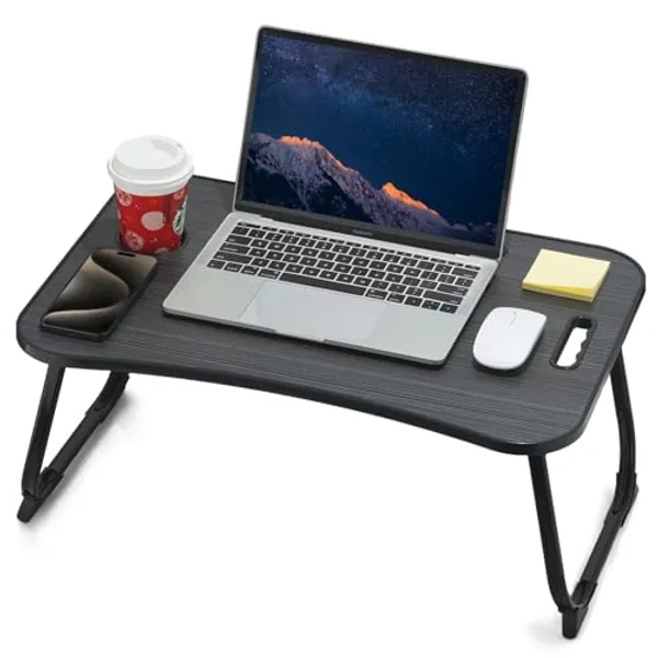ZEAPTAC Laptop Bed Desk, Foldable Lap Table, Portable Study Table, Laptop Stand with Cup Holder & Tablet Slot & Lifting Handle for Working Writing Drawing & Eating - Black