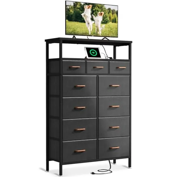 AODK Dresser with Charging Station, 59-Inch Tall Dresser for Bedroom with 11 Storage Drawers, Large Fabric Dressers for Living Room, Hallway, Black and Dark Grey