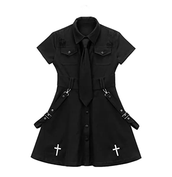 Goth Dress Punk Gothic Harajuku Summer Black Mini Dress Shirt Women Short Sleeve Emo Clothes Mall Goth Accessories