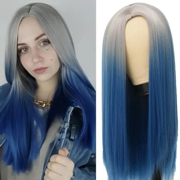 Tseses Grey to Blue Long Straight Wigs for Women Ombre Natural Side Part 24 Inches Hair Wig Synthetic Heat Resistant Halloween Cosplay Wig