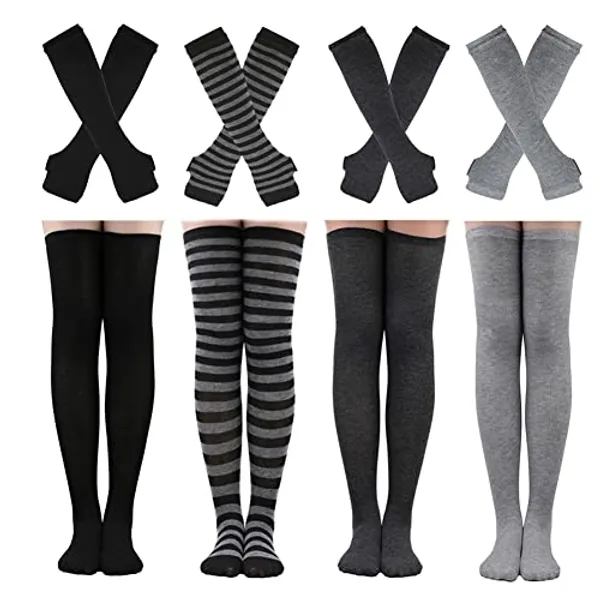 Barrlves 2/4 Sets Womens Striped Knee High Socks Long Knitted Arm Warmers Fingerless Gloves for Halloween Costume