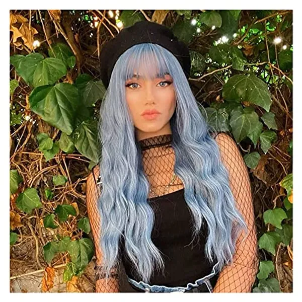 QACCF Long Blue Wig Women Long Wavy Pelucas Fluffy Curly Women Synthetic Fiber Realistic Fun Bang Light Blue Colorful Girls Wig (Blue)
