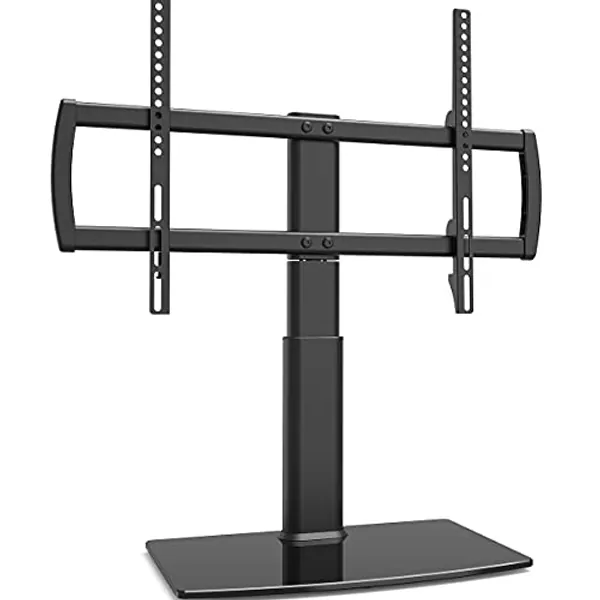 Universal Swivel TV Stand/Base Table Top TV Stand 32 to 70 inch TVs 80 Degree Swivel, 4 Level Height Adjustable, Heavy Duty Tempered Glass Base, Holds up to 88lbs Screens, HT04B-002