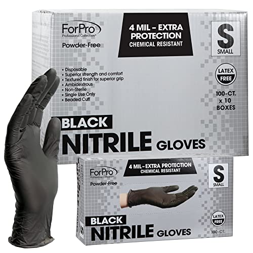 ForPro Professional Collection Disposable Nitrile Gloves, Chemical Resistant, Powder-Free, Latex-Free, Non-Sterile, Food Safe, 4 Mil, Black, Small, 1000-Count - Small
